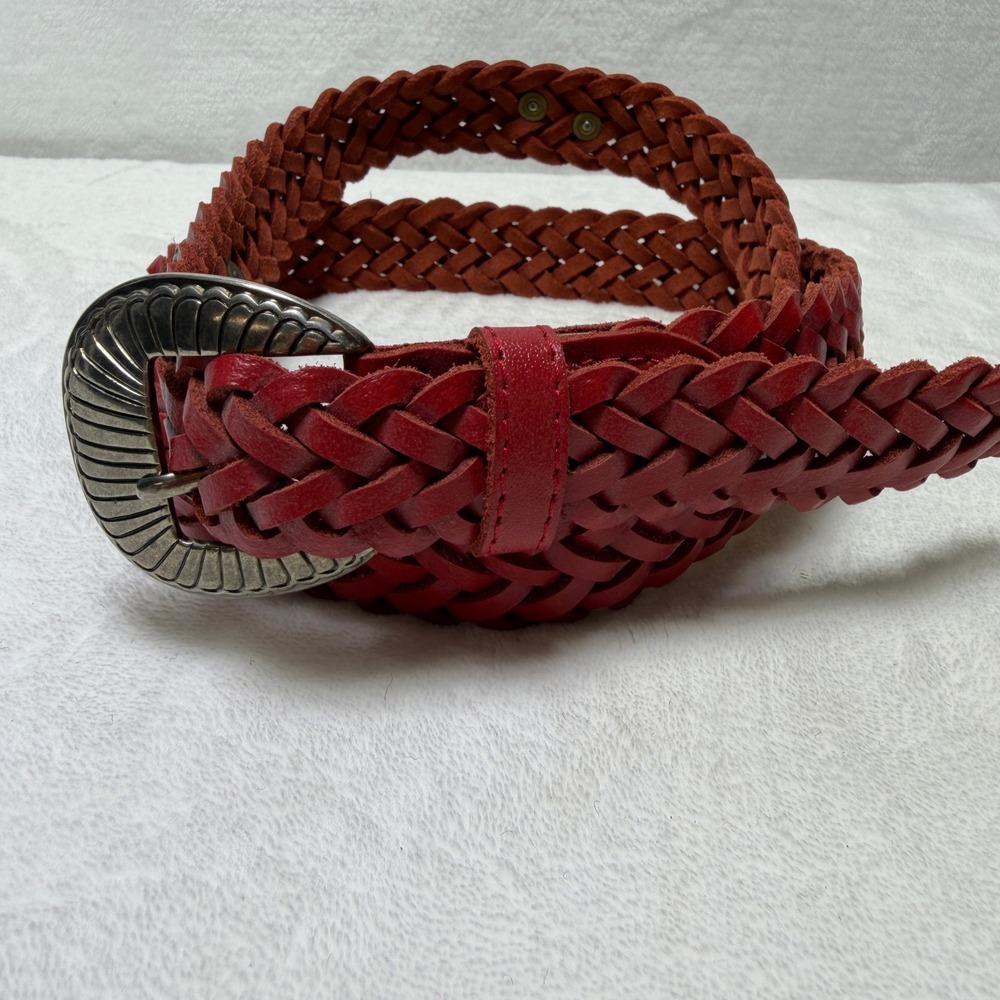 Womens Red Braided Genuine Leather Concho Belt Western Silver Buckle XL